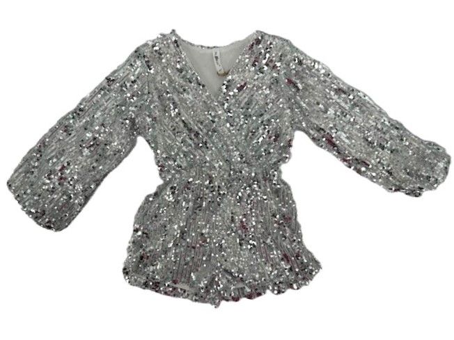 M L Kids FD0097 Silver Sequin Holiday Romper 12