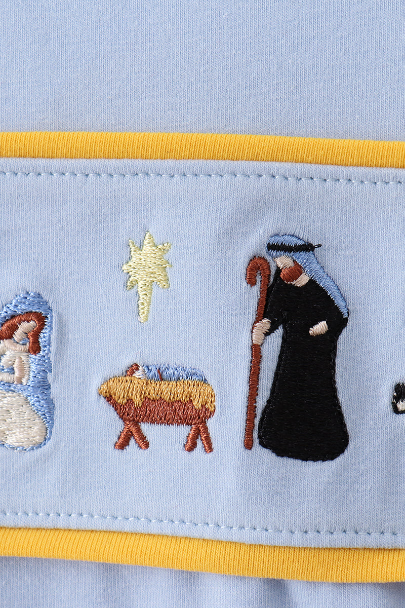 ABBY & EVIE Light Blue Nativity Embroidery Top 112565