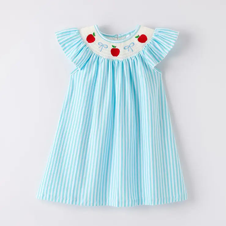 Auraquise Back To School Blue Stripes Apple Smocked Dress