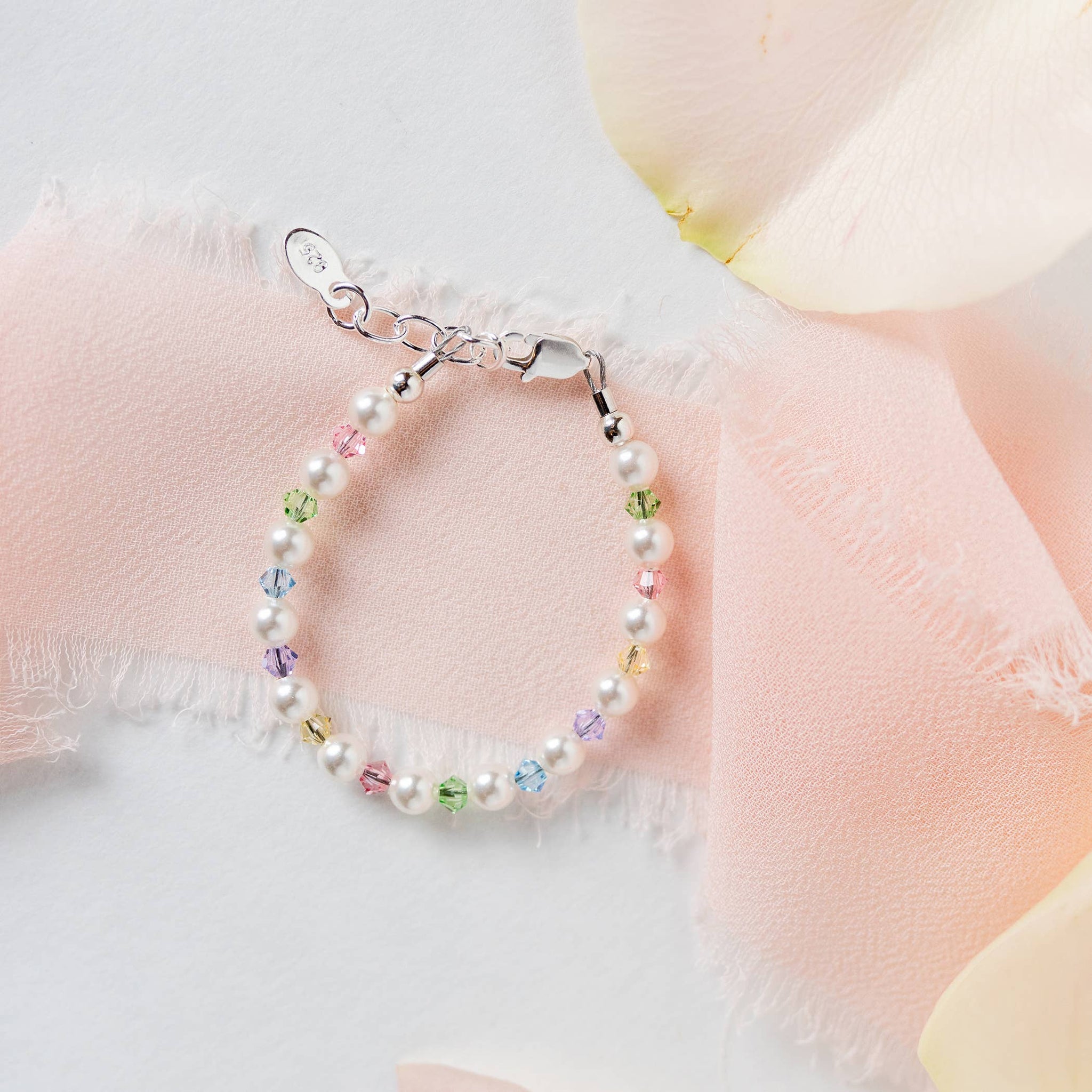 Sterling Silver Multi Crystal Pearl Baby & Kids Bracelet: Medium 1-5 Years