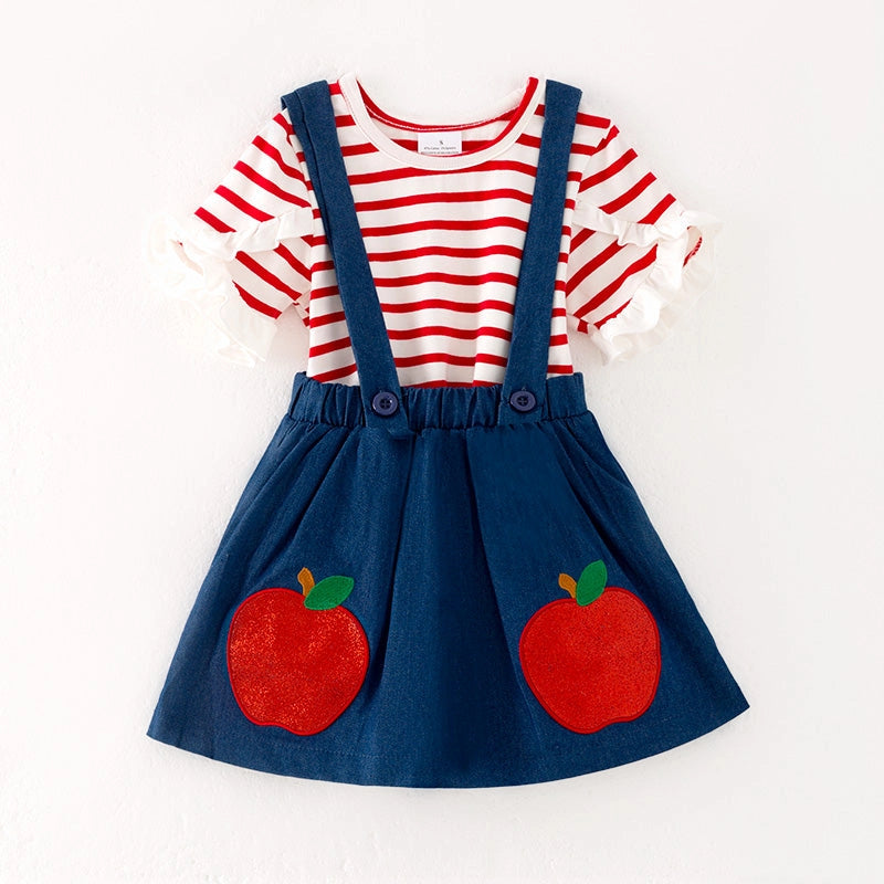 Auraquise Back To School Blue Apple Suspender Embroidered Dress(HE)