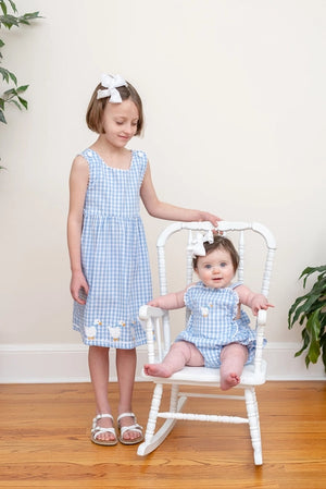 Lil Cactus Blue Gingham Goose Lace Bow Ruffle Romper (HE)