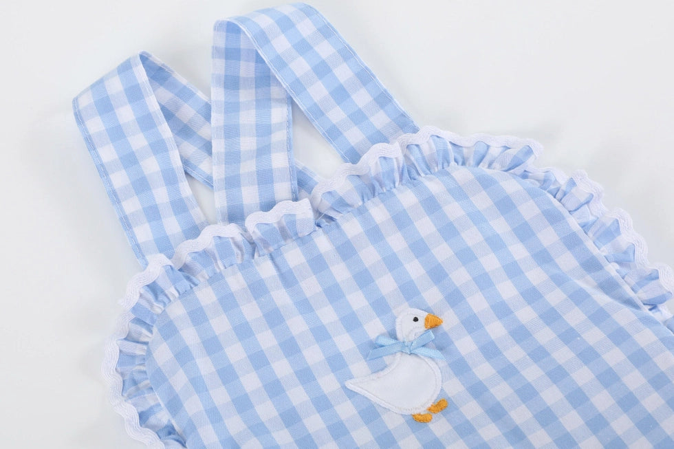 Lil Cactus Blue Gingham Goose Lace Bow Ruffle Romper