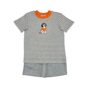Ishtex F033 Grey White Stripe Hound Dog Applique Short set