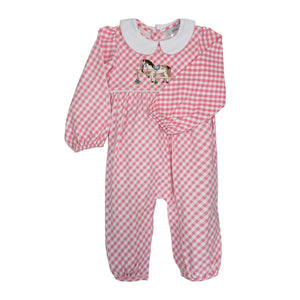 Ishtex 3F083 Pink Gingham Horse Applique Girl's Romper