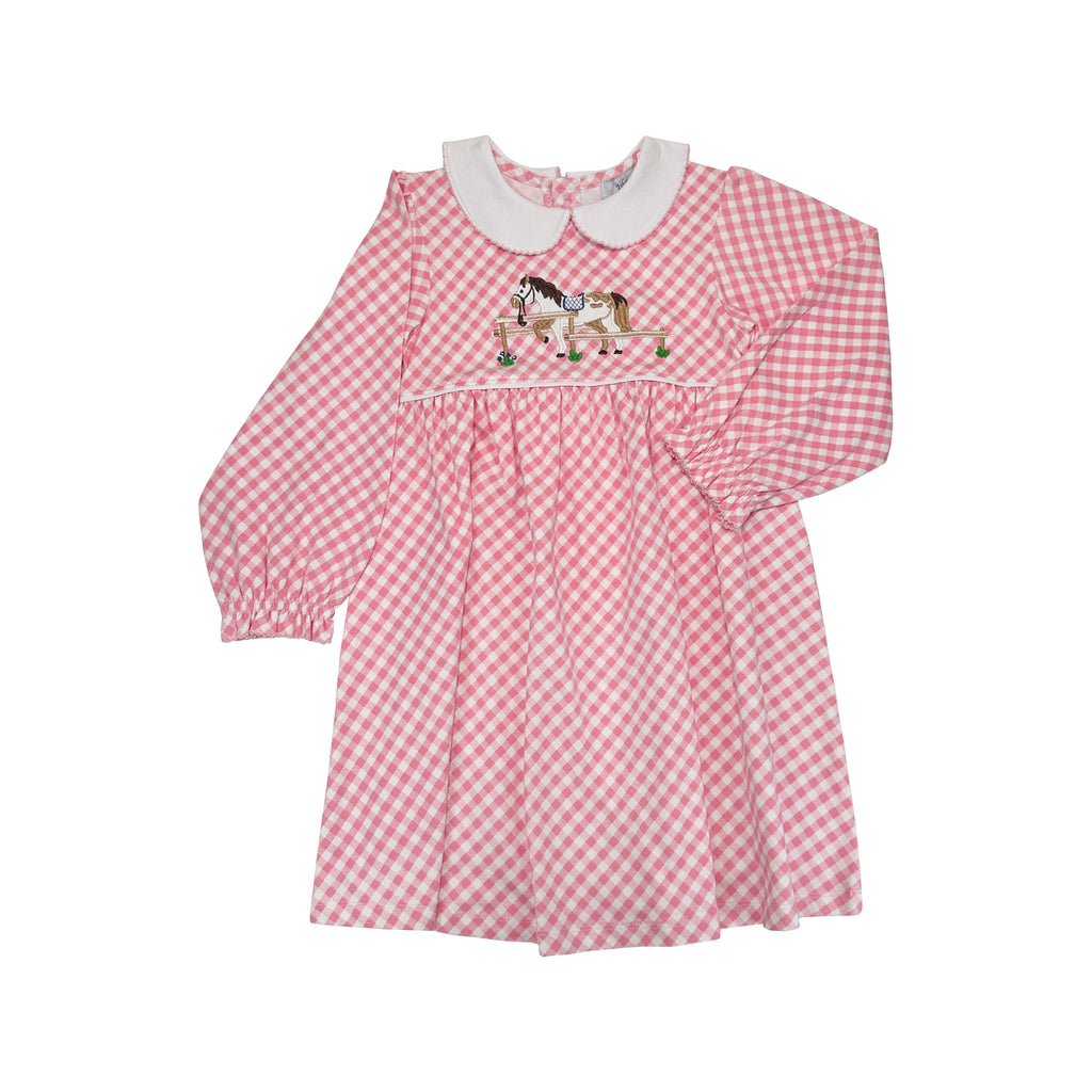 Ishtex 3F083 Pink Gingham Horse Applique Girls Dress (HE)