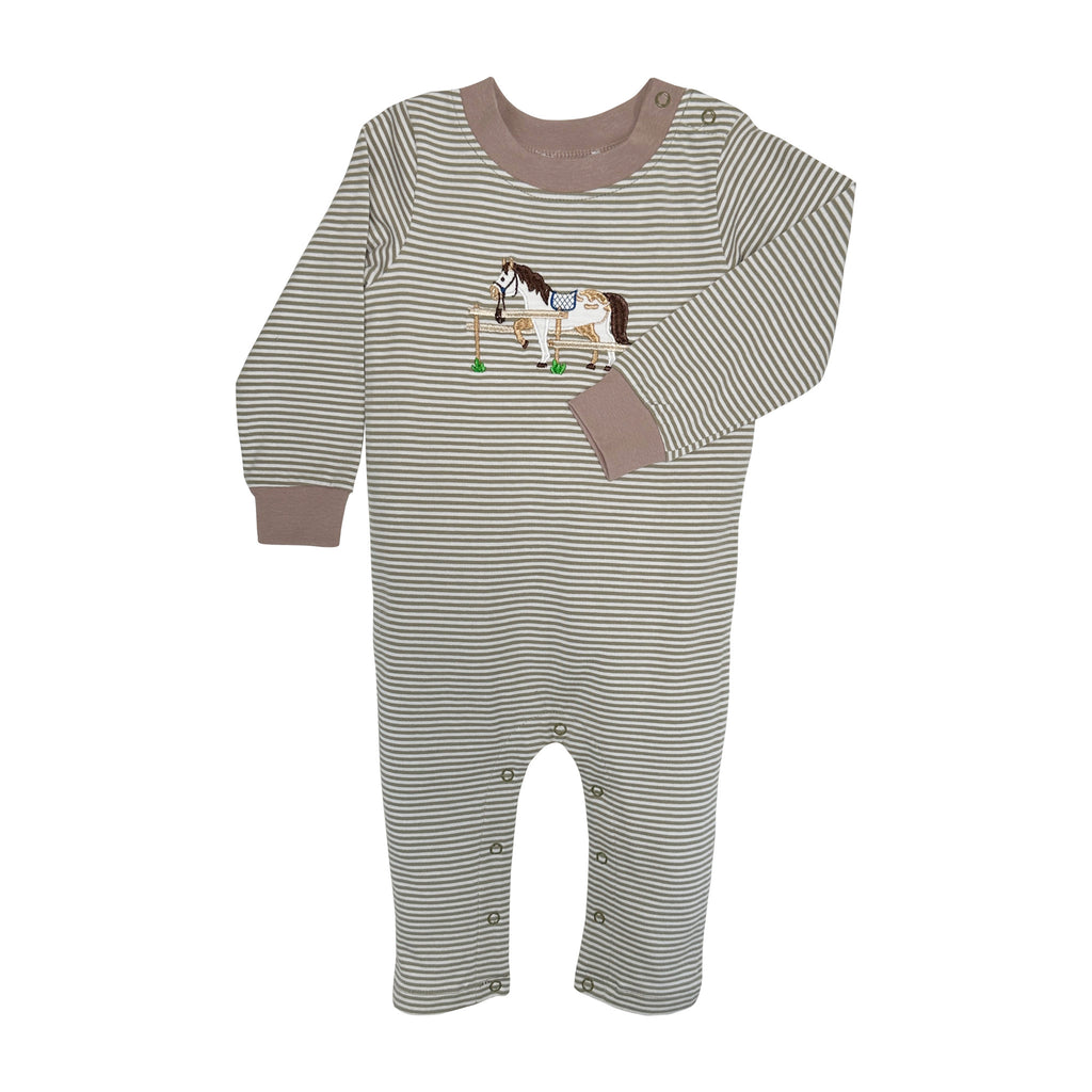 Ishtex 3F084 Olive Stripe Horse Applique Boy's Romper (STHE)
