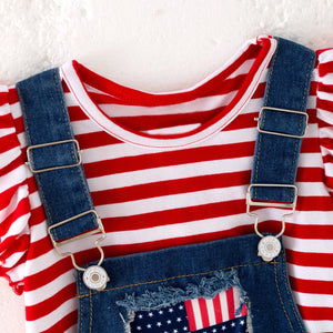 Auraquise July 4th Red Stripes Cotton Top Star Denim Overalls Set