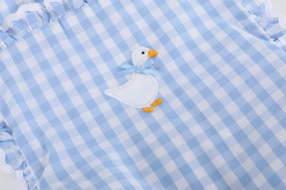 Lil Cactus Blue Gingham Goose Lace Bow Ruffle Romper (HE)