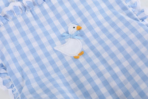 Lil Cactus Blue Gingham Goose Lace Bow Ruffle Romper (HE)