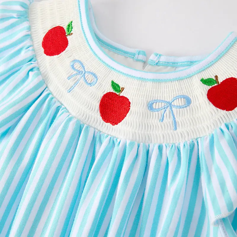 Auraquise Back To School Blue Stripes Apple Smocked Dress