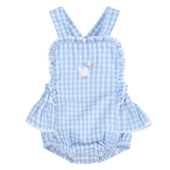 Lil Cactus Blue Gingham Goose Lace Bow Ruffle Romper (HE)