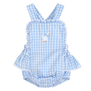 Lil Cactus Blue Gingham Goose Lace Bow Ruffle Romper (HE)