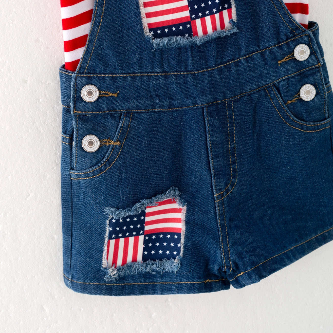 Auraquise July 4th Red Stripes Cotton Top Star Denim Overalls Set
