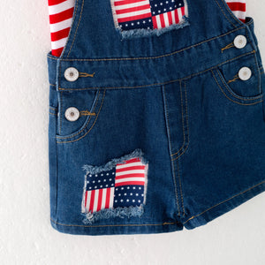 Auraquise July 4th Red Stripes Cotton Top Star Denim Overalls Set