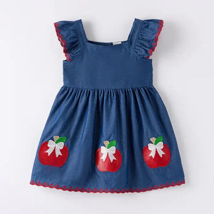 Auraquise Back To School Blue Apple Embroidered Dress (HE)