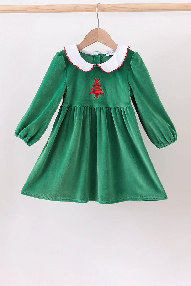 Abby & Evie Green Christmas Tree Appliqué Velvet Dress