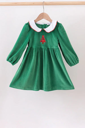 Abby & Evie Green Christmas Tree Appliqué Velvet Dress