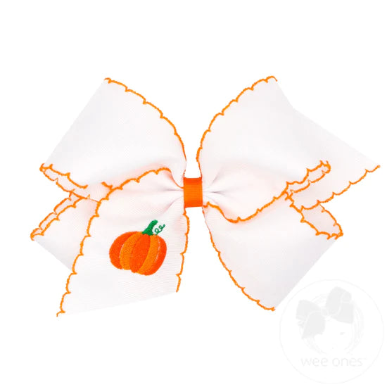 Wee One's 9929 King Grosgrain Hair Bow with Moonstitch Edges and Pumpkin or Apple Embroidery