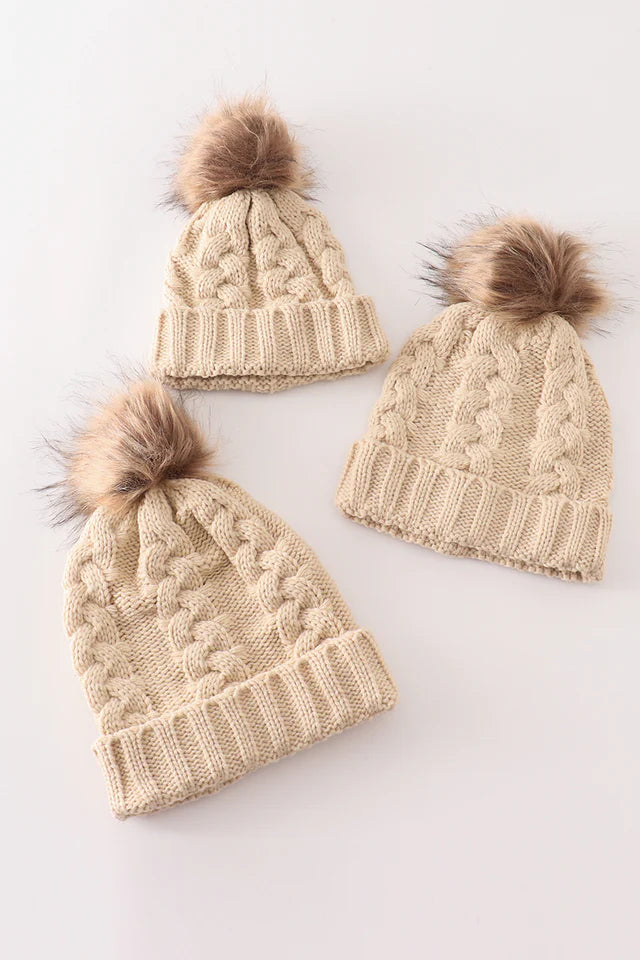 ABBY & EVIE Beige Pompom Cable Beanie -019