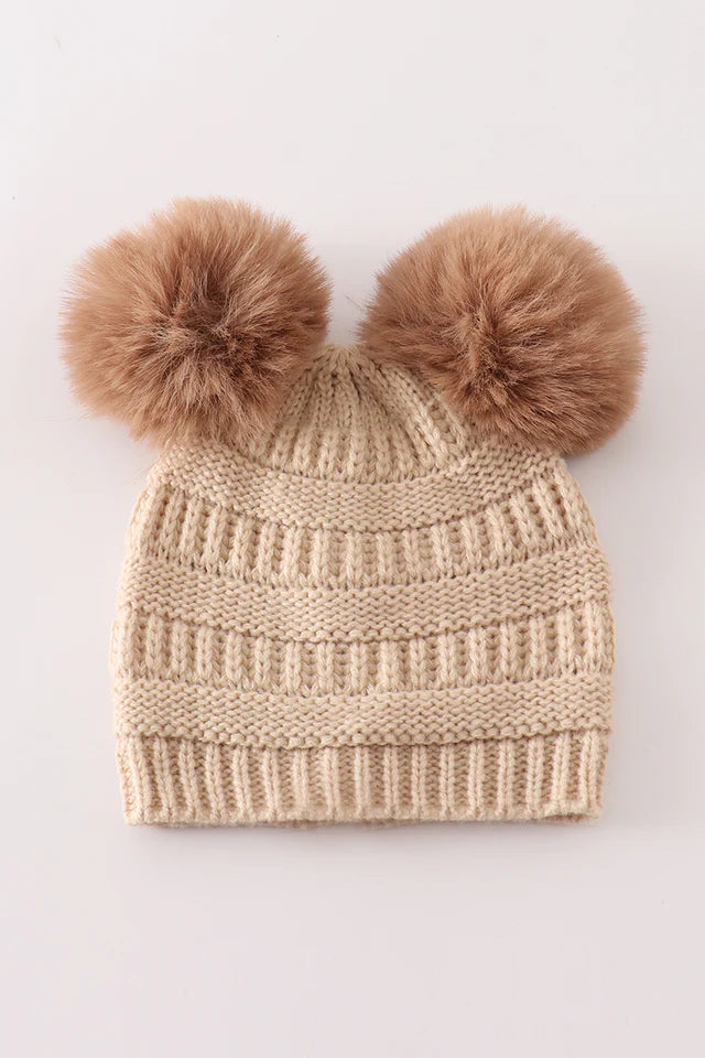 ABBY & EVIE Light tan Double Pompom Cable Beanie -030