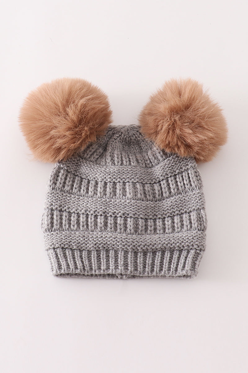ABBY & EVIE Light Grey Double Pompom Cable Beanie