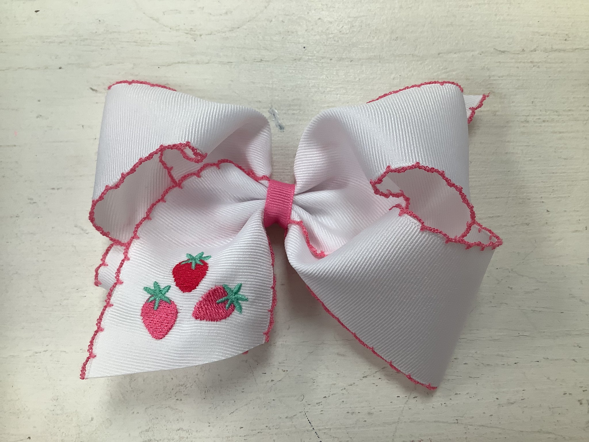 Wee Ones King Grosgrain Hair Bow with Moonstitch and Strawberry Embroidery