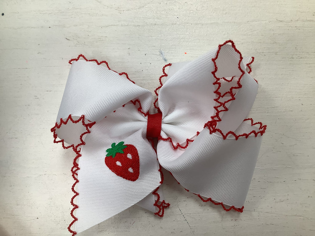 Wee Ones King Grosgrain Hair Bow with Moonstitch and Strawberry Embroidery