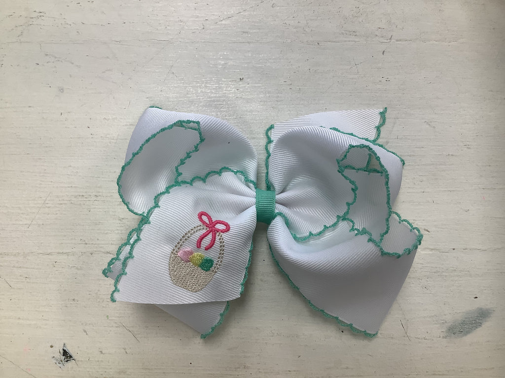 Wee Ones King White Grosgrain Girls Hair Bow with Moonstitch Edge and Easter Embroidery (STHE)