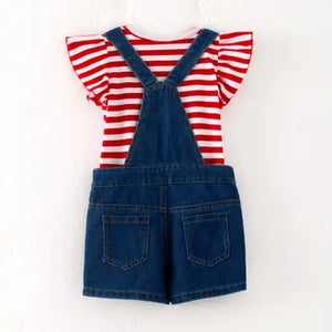 Auraquise July 4th Red Stripes Cotton Top Star Denim Overalls Set