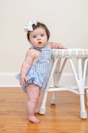 Lil Cactus Blue Gingham Goose Lace Bow Ruffle Romper (HE)
