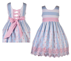 Cotton Kids Blue Striped Eyelet Dress