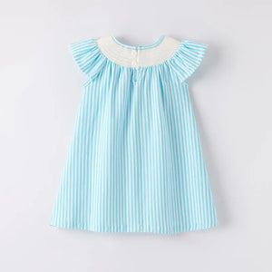 Auraquise Back To School Blue Stripes Apple Smocked Dress