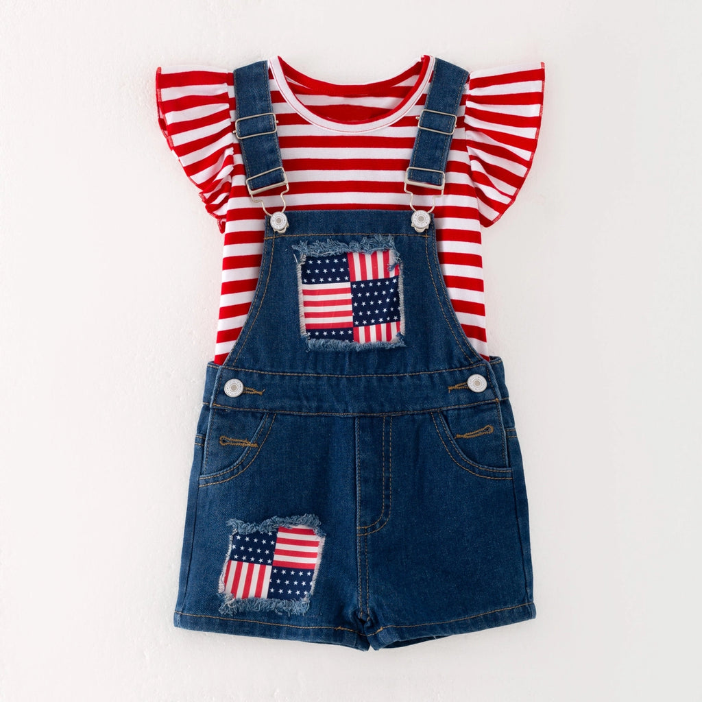 Auraquise July 4th Red Stripes Cotton Top Star Denim Overalls Set
