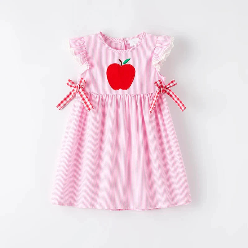 Auraquise Back To School Pink Stripes Apple Applique Dress (HE)