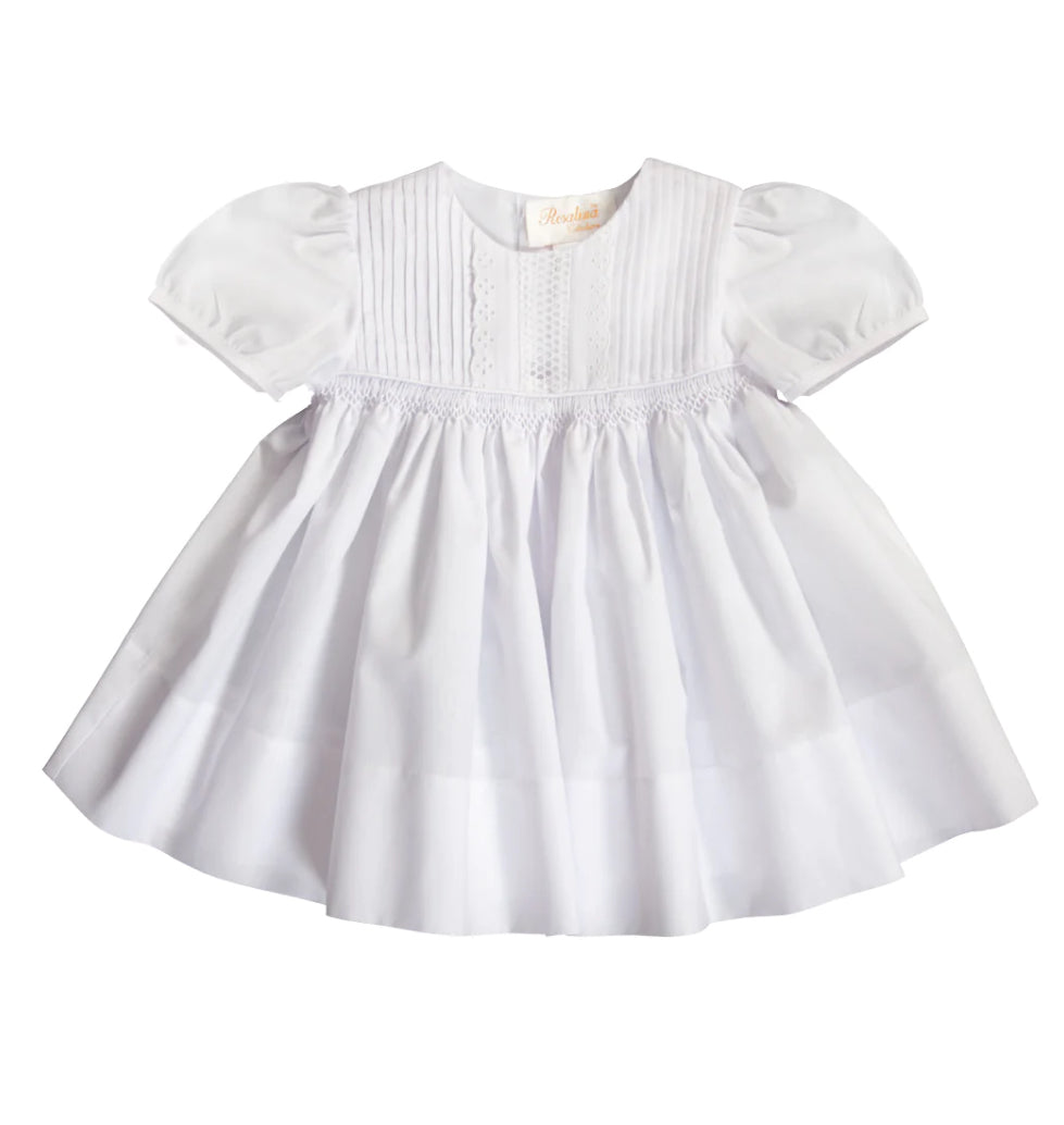 Rosalina White English Smocked Baby Dress w/Pintucks (STHE)