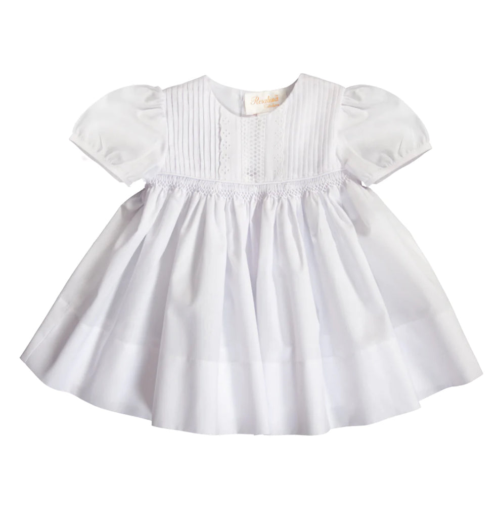 Rosalina White English Smocked Baby Dress w/Pintucks