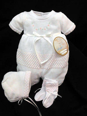 Will'beth White Pink Flower Knit 3p Romper with Bonnet & Booties