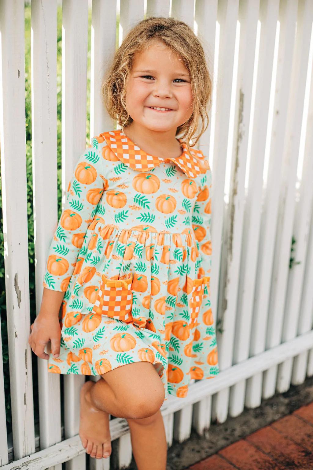 Sugar Bee Pumpkins on Mint Twirl Dress(HE) 5T