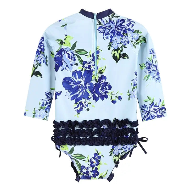 Lil Cactus Blue Rose Long Sleeve Ruffle Swimsuit