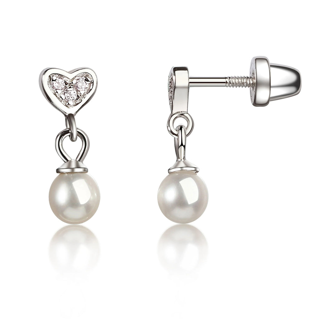 Cherished Moments SSE 517 Sterling Silver Earring with CZ Heart and Dangling White Pearl (STHE)