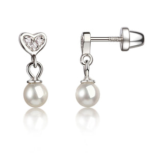 Cherished Moments SSE 517 Sterling Silver Earring with CZ Heart and Danglling White Pearl