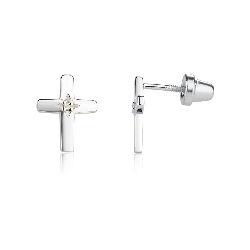 Cherished Moments Sterling Silver Children's Cross Diamond Earrings (HE)