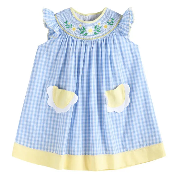 Lil Cactus Blue Gingham Daisy Bishop Dress(STHE)