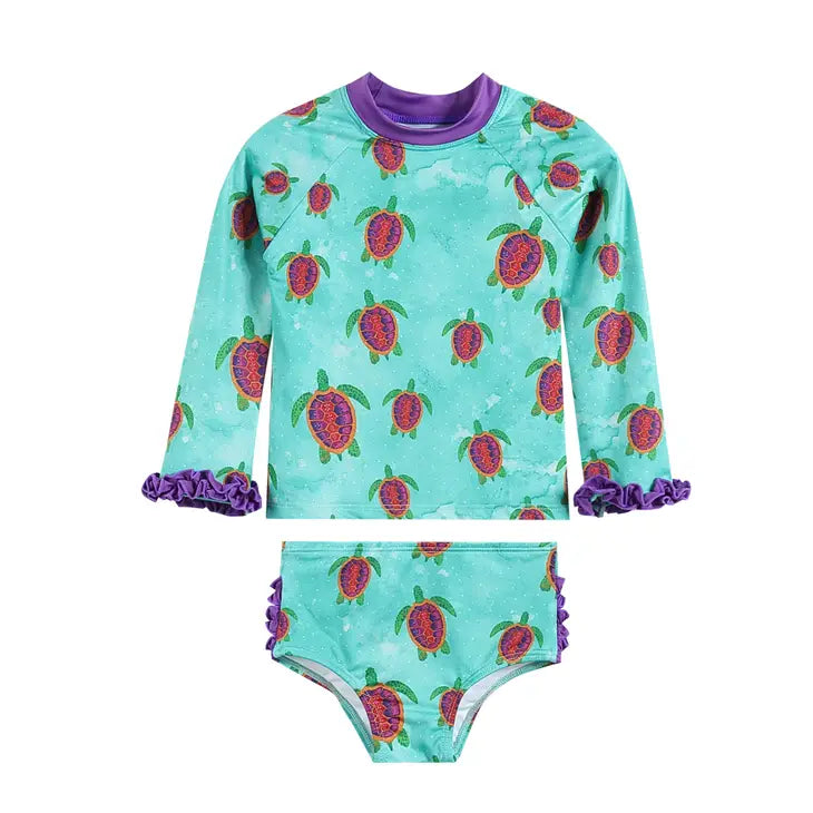 Lil Cactus Turquoise Turtle Ruffle Rashguard 2 pc Set