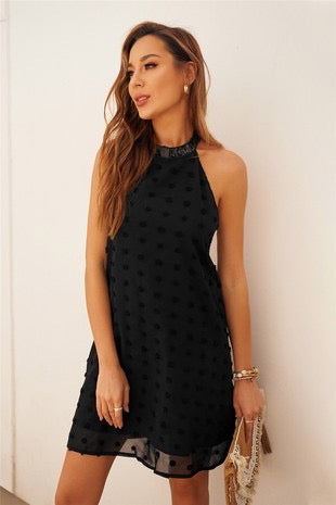 Black Halter Polka Dot Sleeveless Dress SM