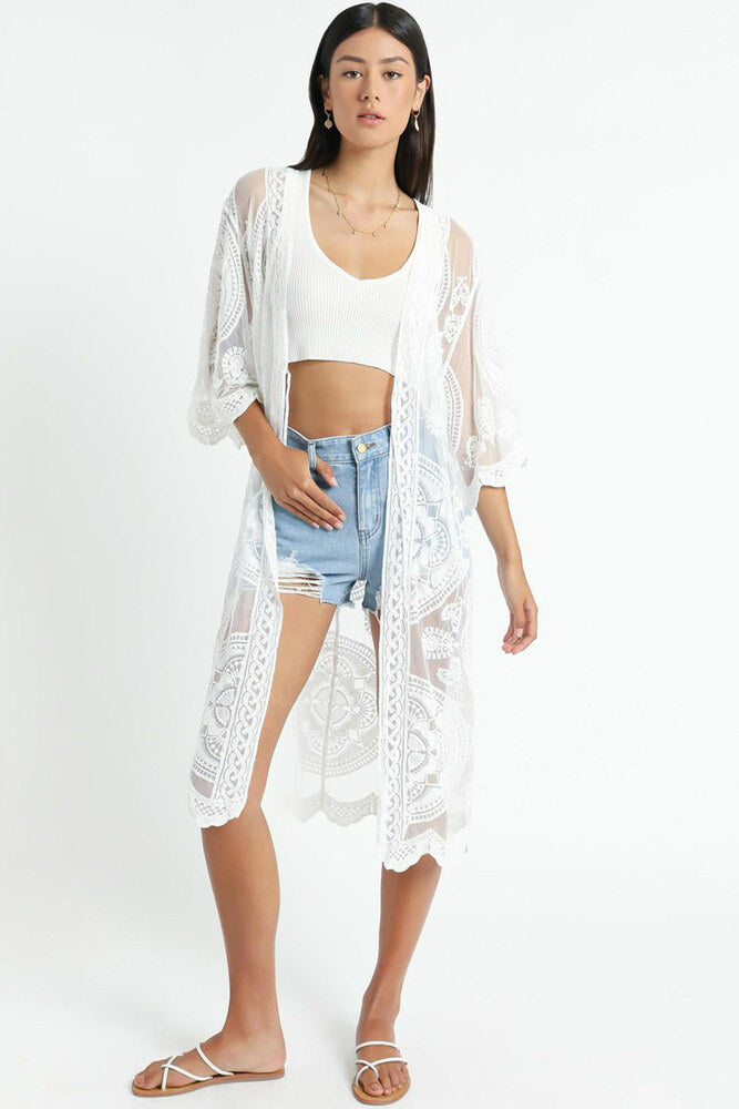 Swimsuit Lace Long Sleeve Cover Up White