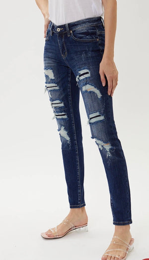 KanCan-KC 5050D Mid Rise Distressed patched Super Skinny