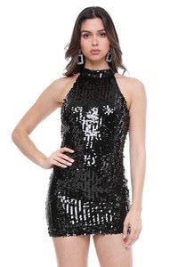 Black Sequin Halter Neck Dress