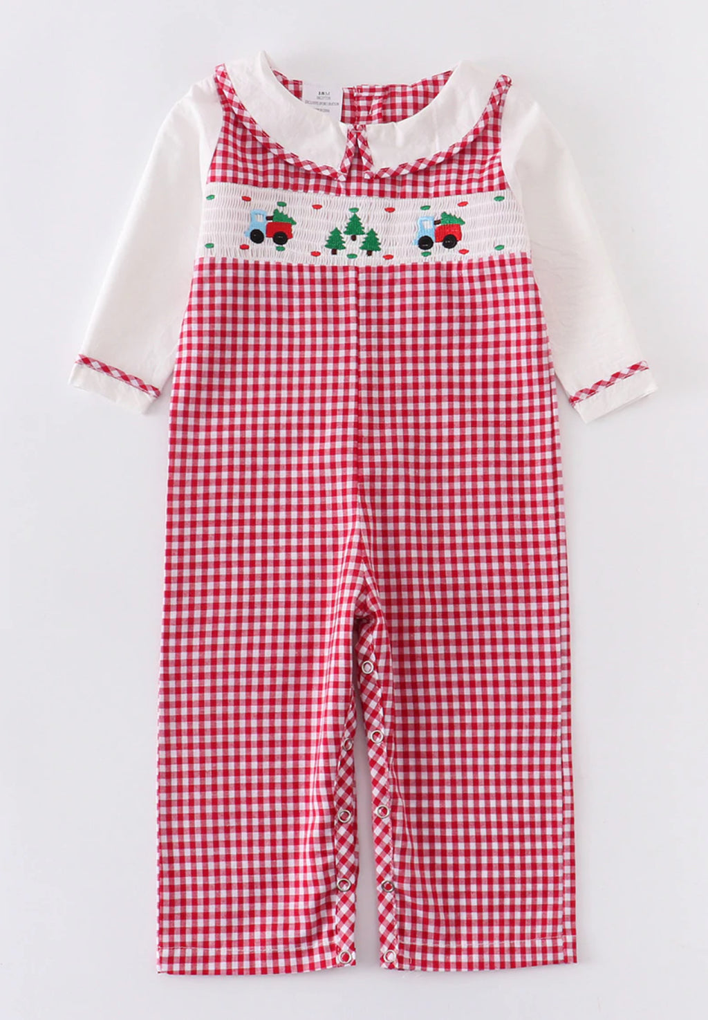 Honeydew Gingham Christmas Truck Smocked Baby Romper(HE)